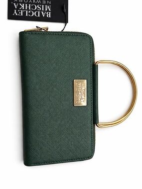 Badgley Mischka Dark Green Wristlet with Gold Handle